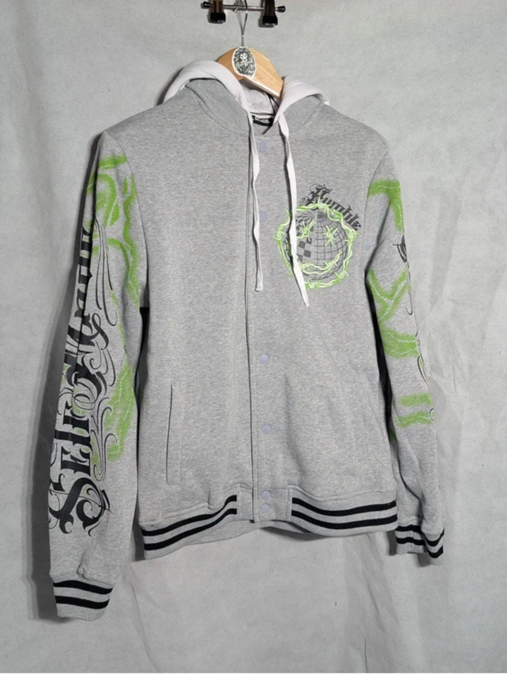 NWT Rebel Minds Mens M Snap Varsity Jacket Hoodie Barbed Wire Smiley Grey - Picture 1 of 8